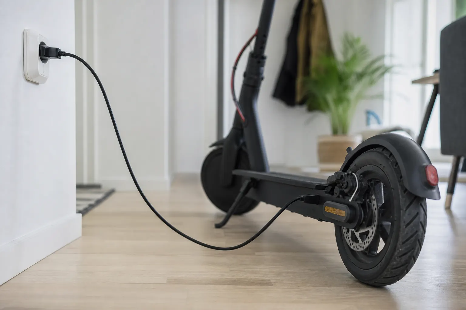 Elsparkcykel laddas inomhus