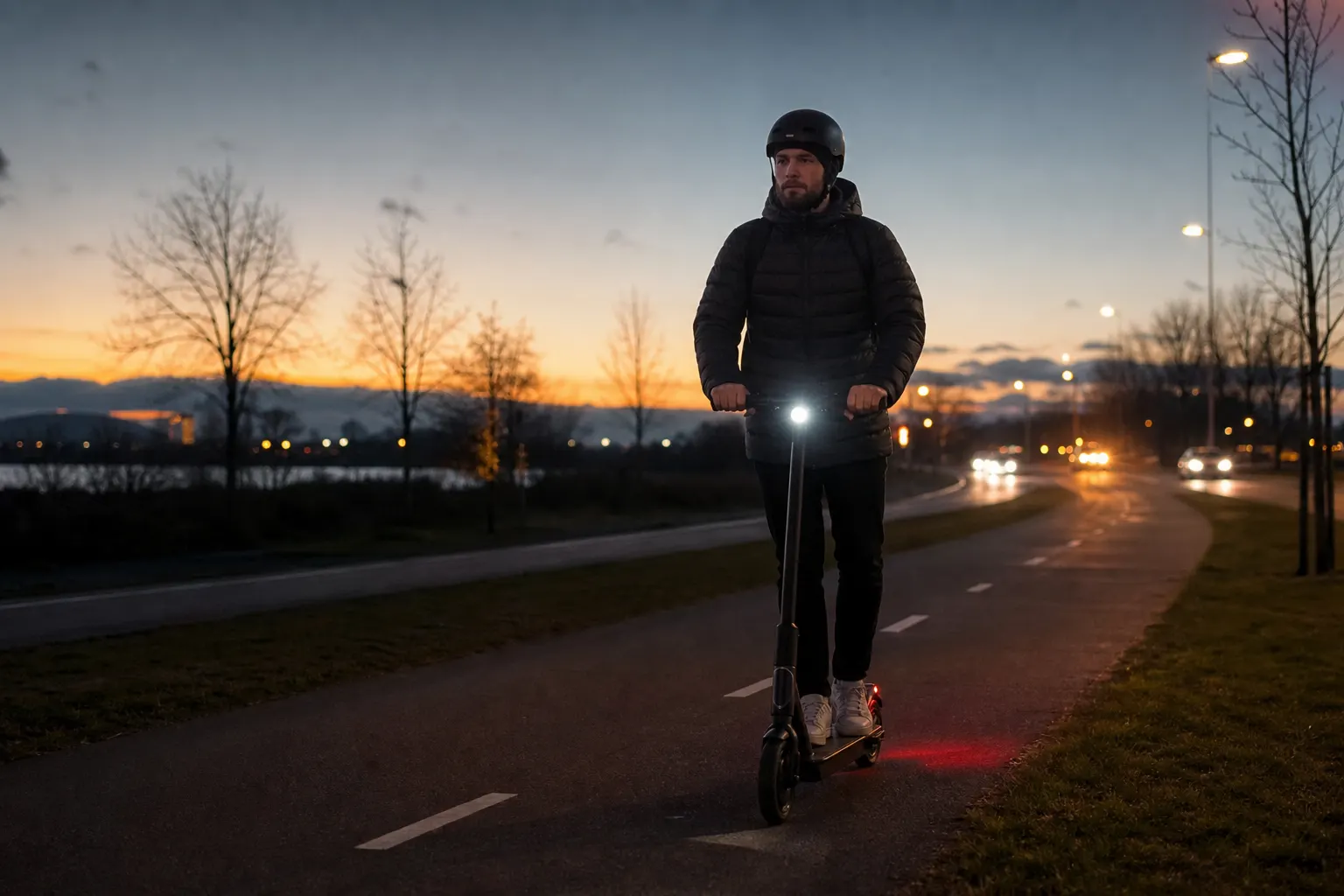 Belysning på elsparkcykel i skymning