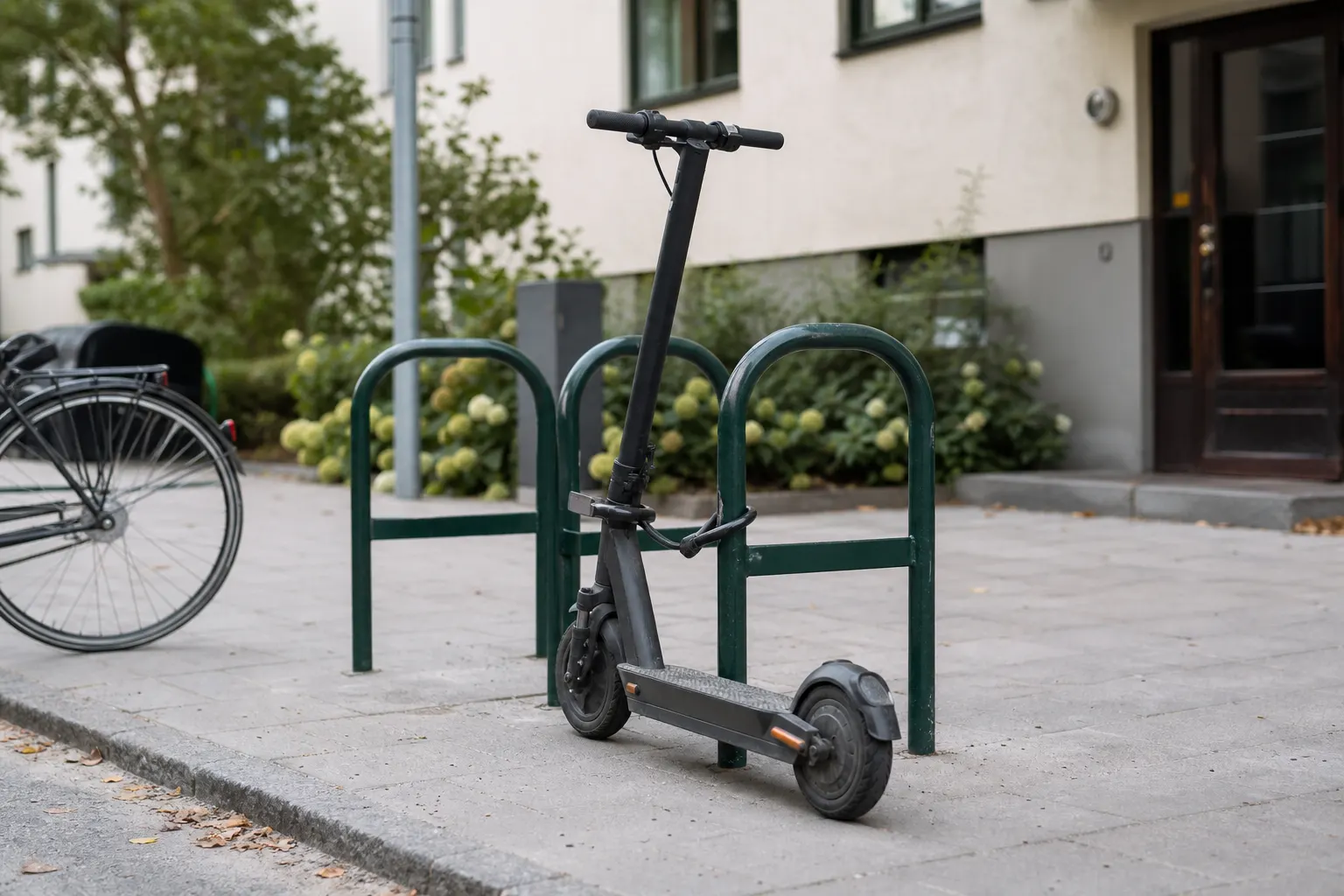 Låst elsparkcykel vid cykelställ
