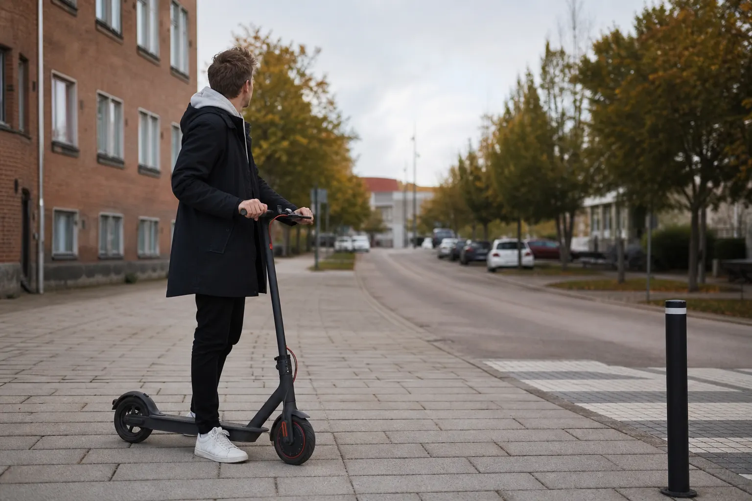 Förare med elsparkcykel vid väg