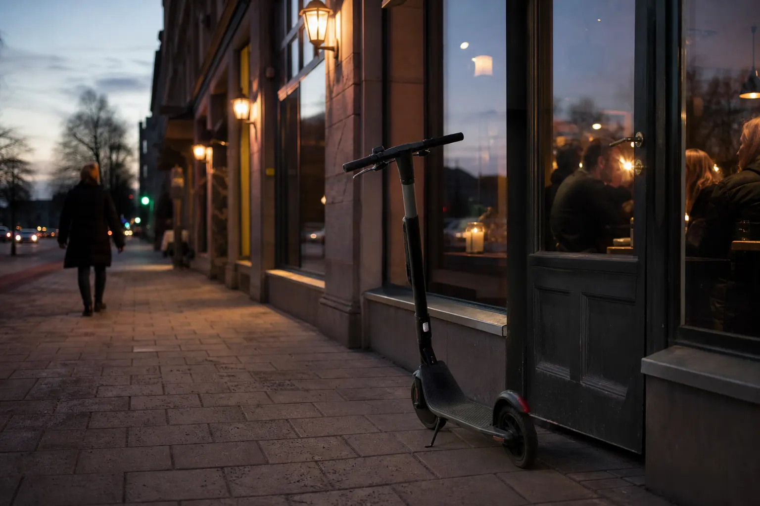 Elsparkcykel parkerad på kvällen