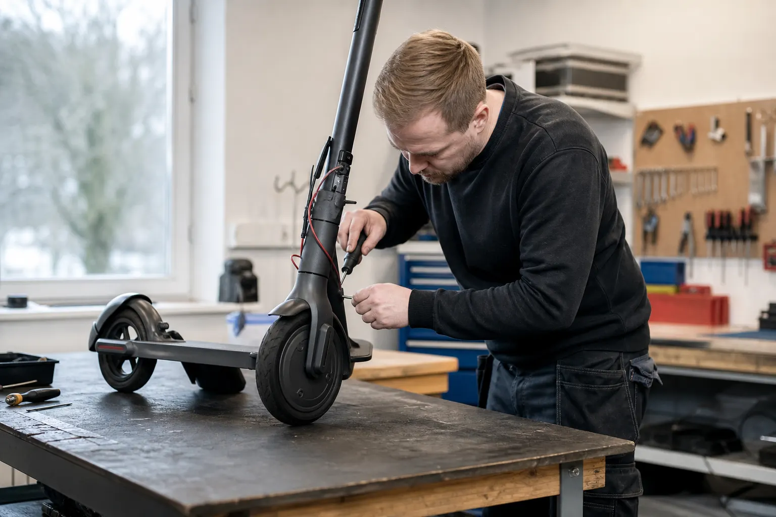 Service av elsparkcykel i verkstad