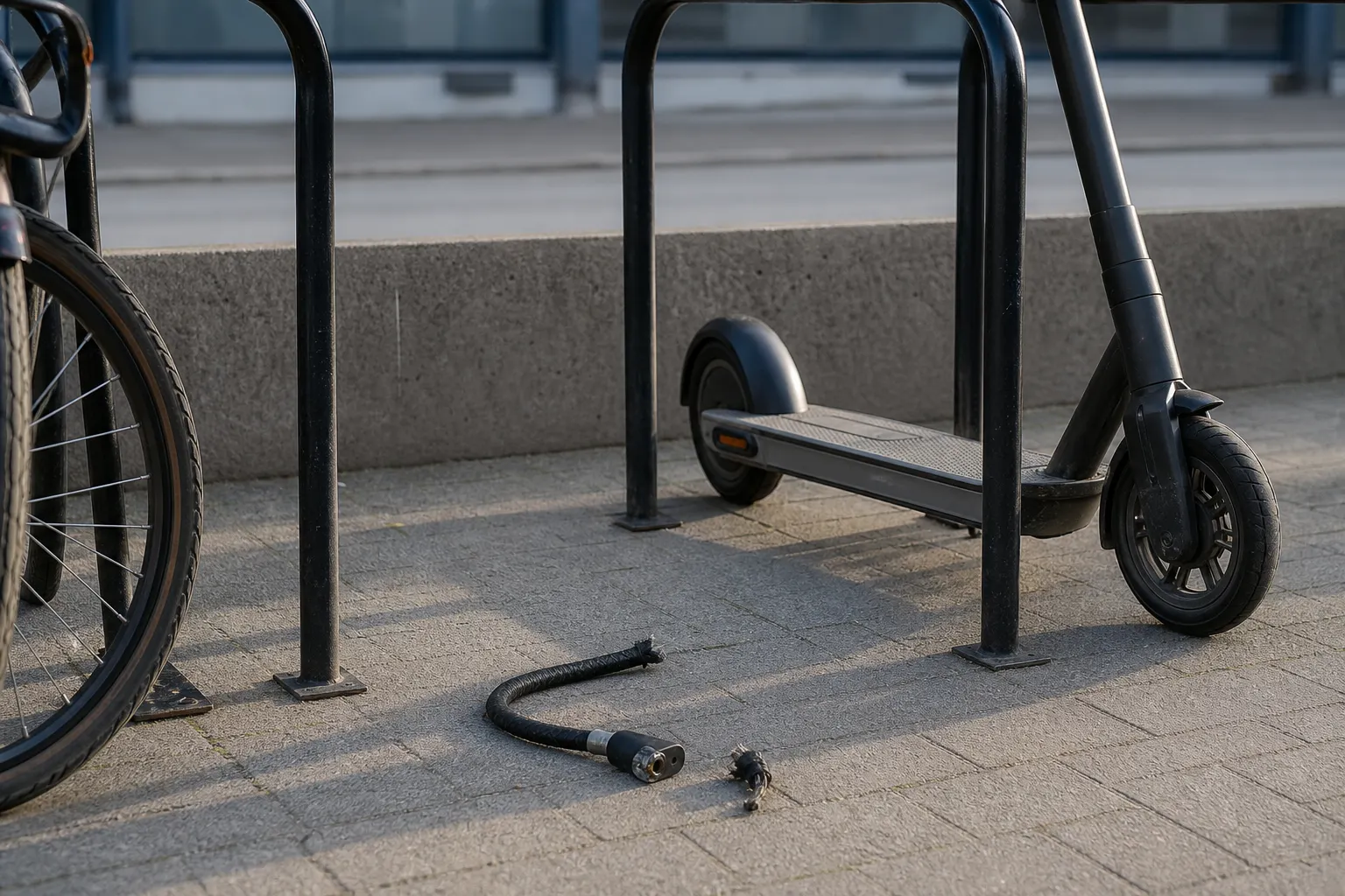 Stulen elsparkcykel vid cykelställ